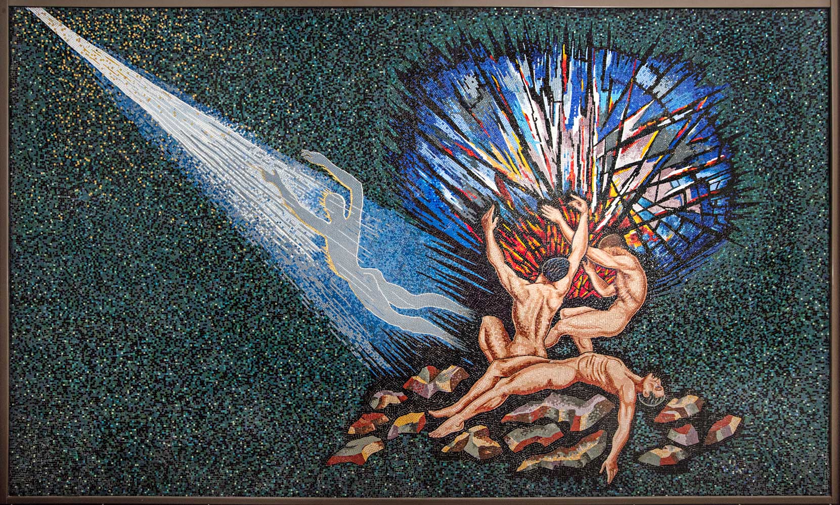 Mosaic of depicting three naked figures and a soul-like fourth ascending towards a stylised vision of heaven from a rocky outcrop.
