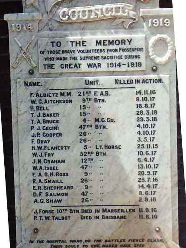 Proserpine Cenotaph - Names 1914-1919