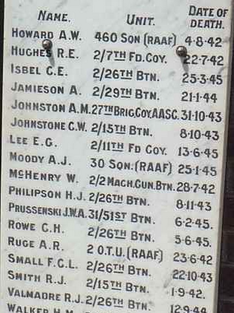 Proserpine Cenotaph - Names 1939–1945