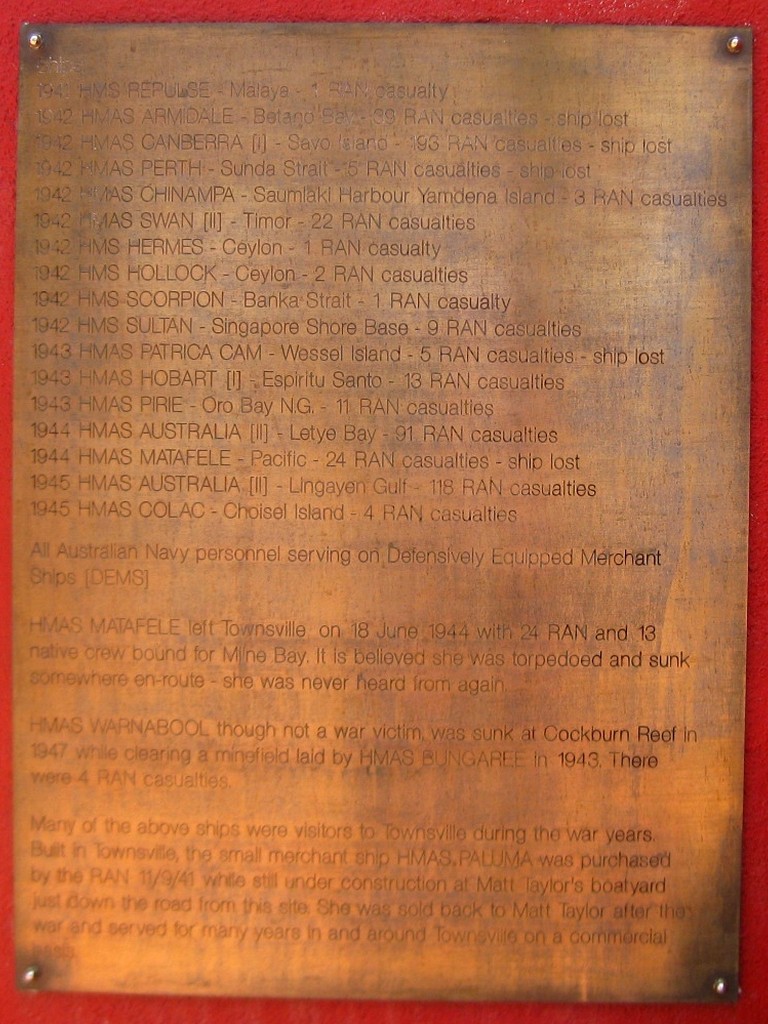 South Townsville Royal Australian Navy WWII Memorial - left plaque