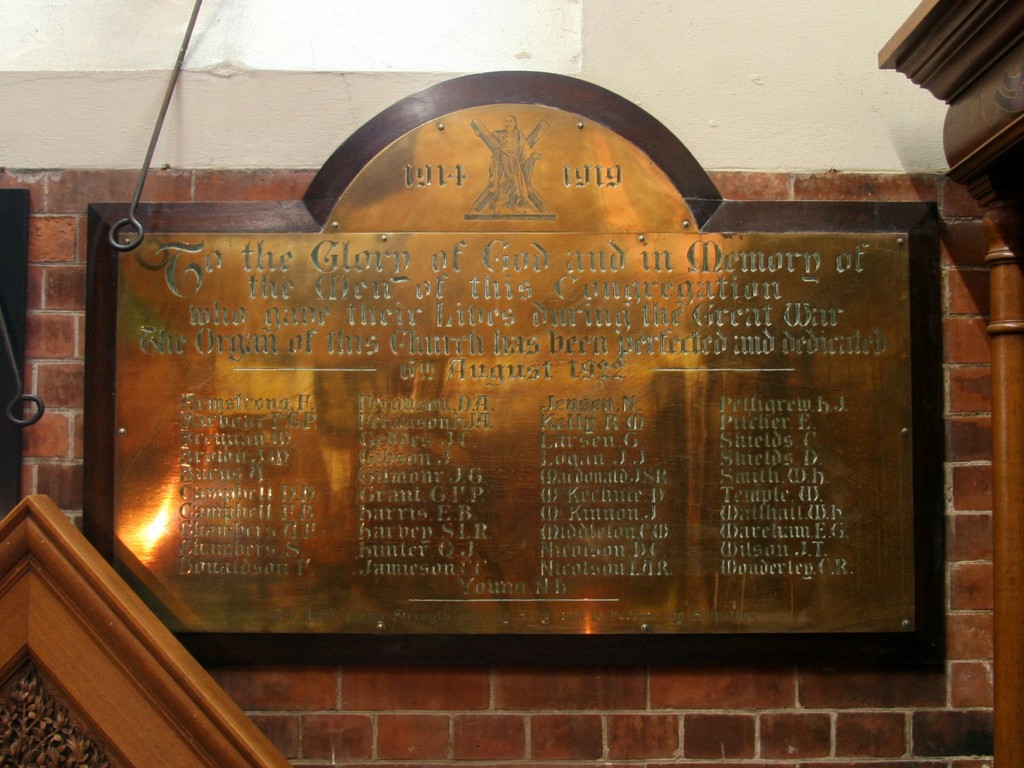 St Andrews Presbyterian Church 1914-19 Brass Roll of Honour