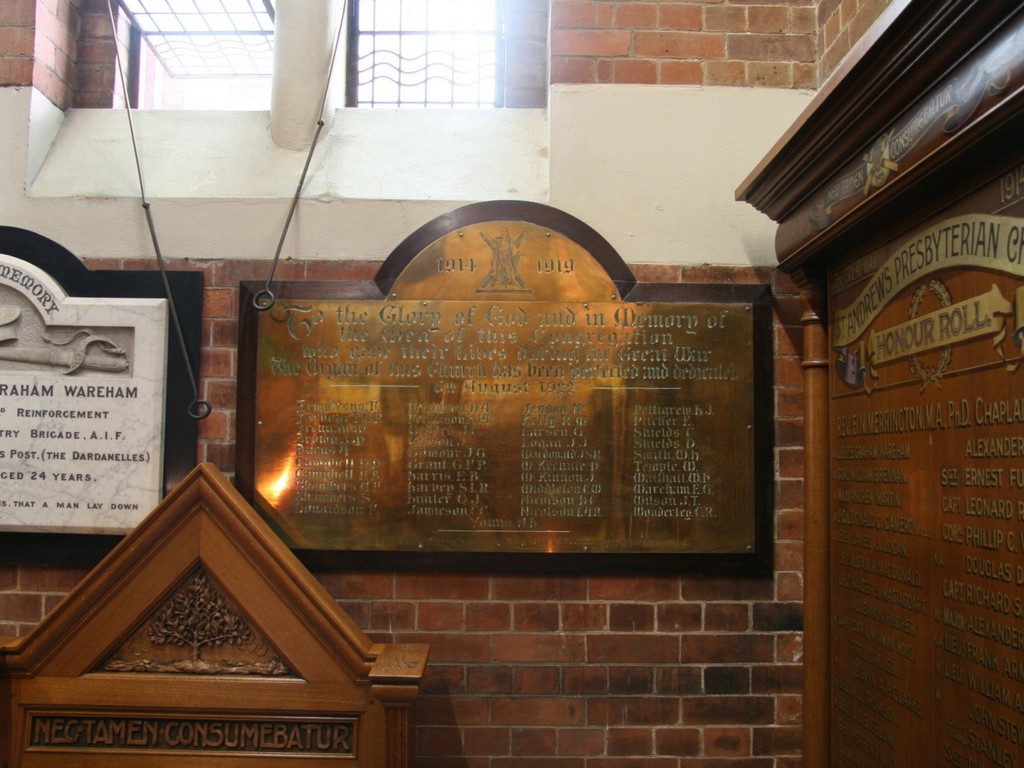 Saint Andrews Presbyterian Church 1914-19 Brass Roll of Honour
