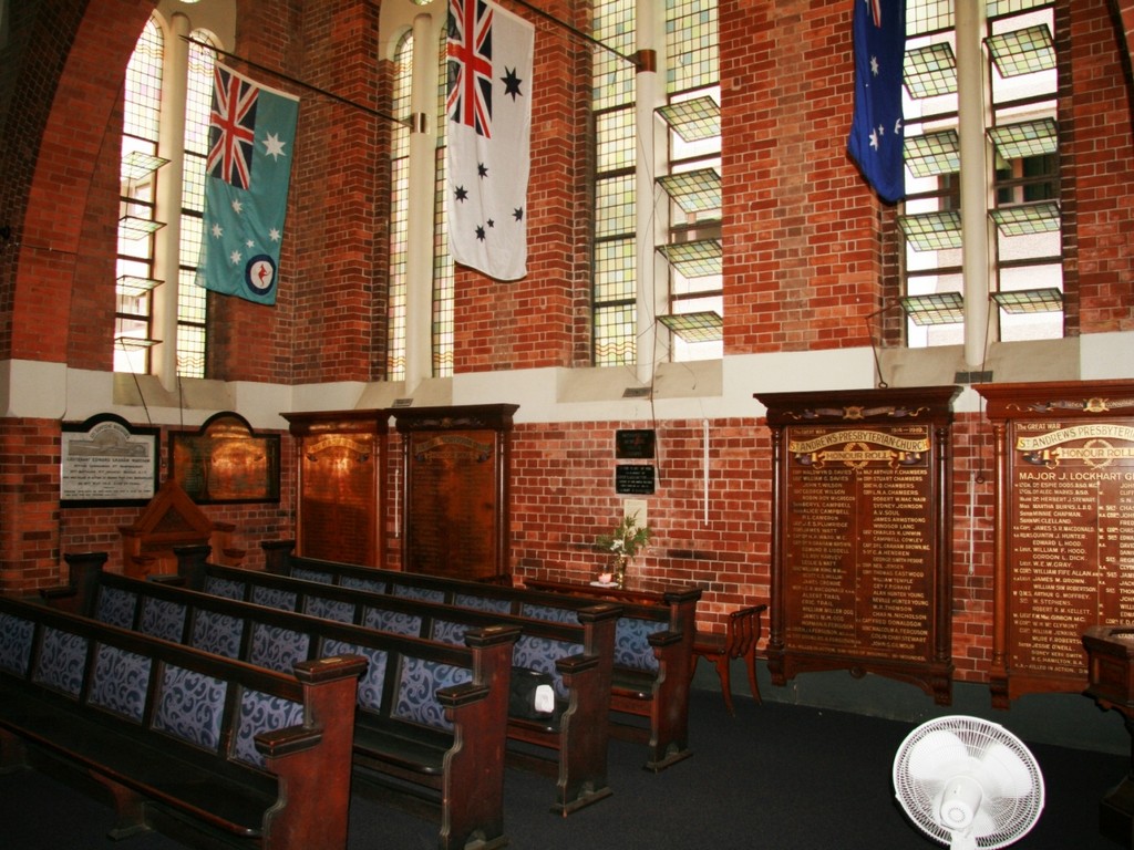 Merrington Memorial Peace Chapel - note flags of the three services.
