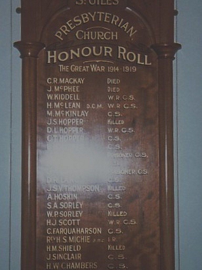 St Giles Presbyterian Church Honour Board WWI - No 2