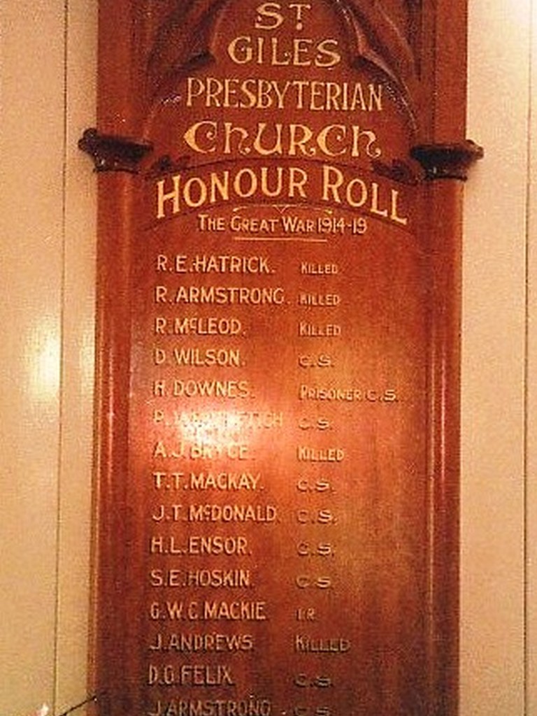 St Giles Presbyterian Church Honour Board WWI