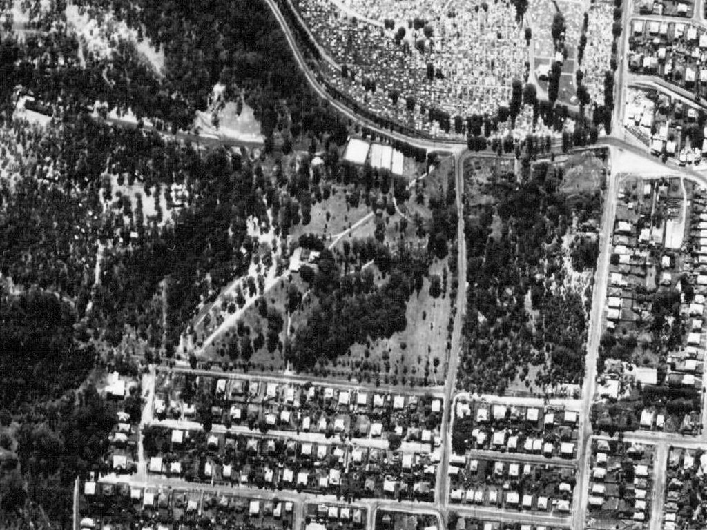Anzac Park, Toowong - taken from a 1946 Brisbane City Council aerial image. The memorial trees are located at the bottom edge of the park.