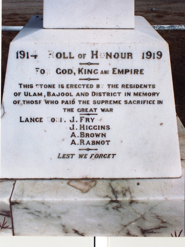 Bajool-Ulam War Memorial - front panel