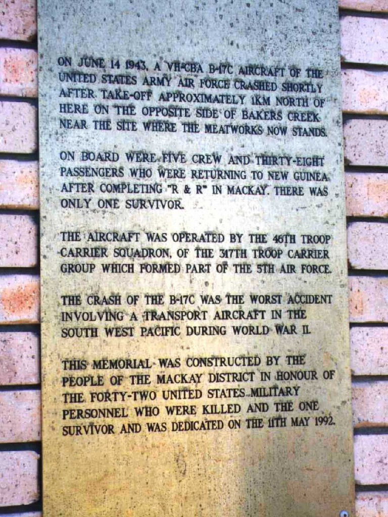 Bakers Creek Air Crash Memorial - plaque detail