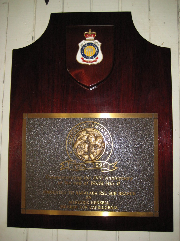 Plaque located within the Baralaba Memorial Hall