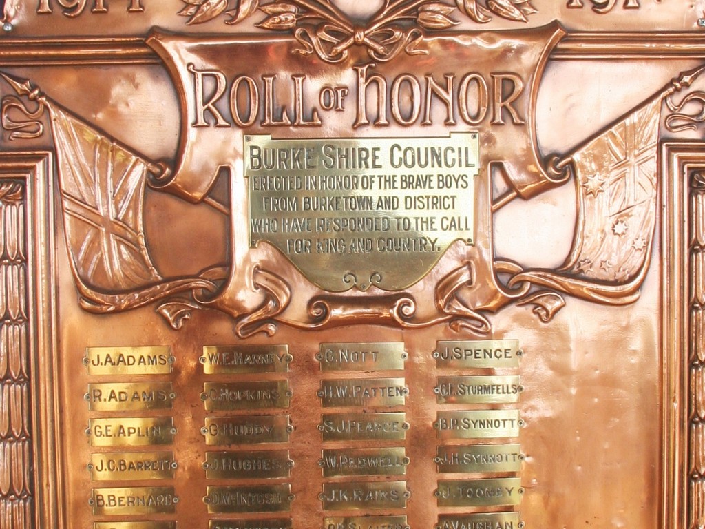 Burke Shire Council WWI Honour Board - Upper names detail