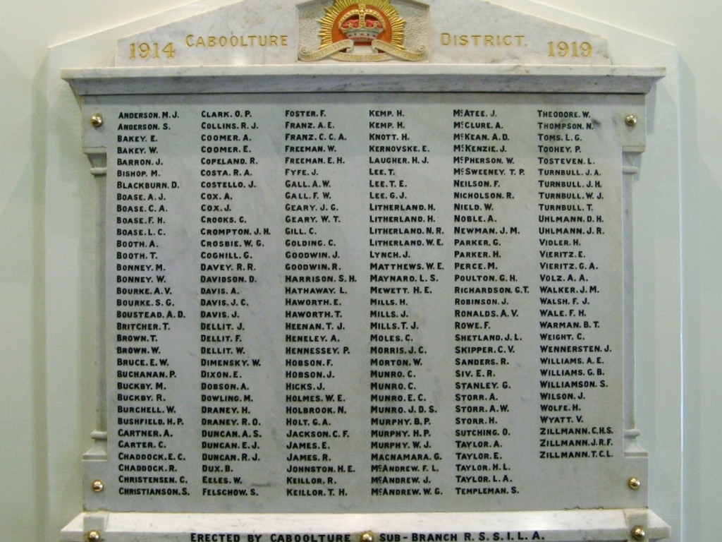 Caboolture District Roll of Honour WWI