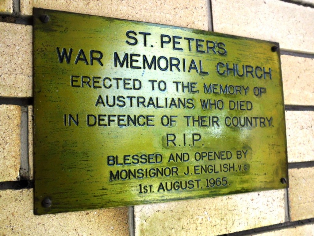 Caboolture St Peter's Catholic War Memorial Church - brass memorial plaque at entrance