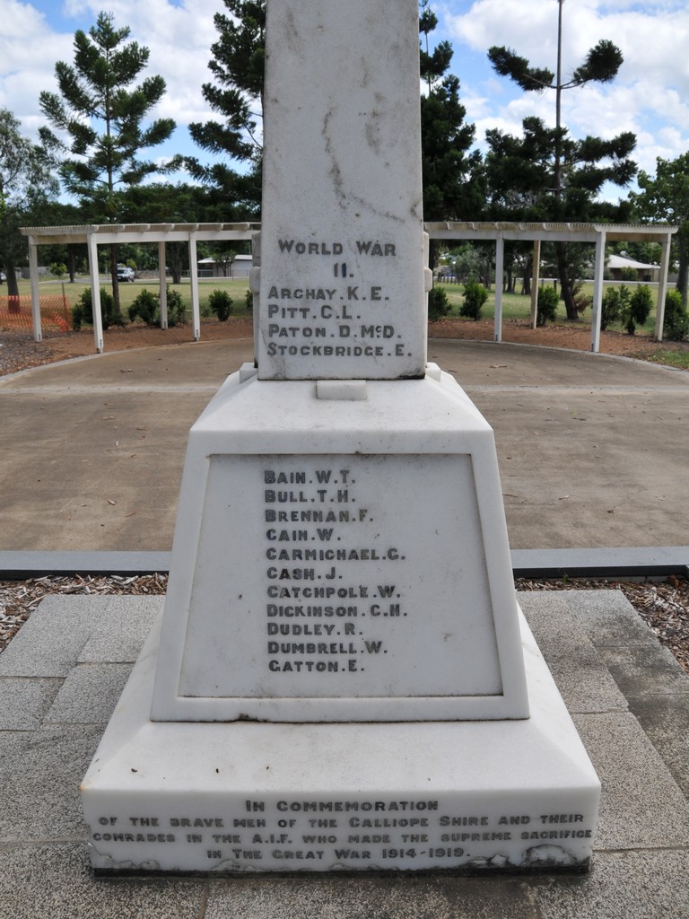 Front of Memorial - 3 levels - Top: World War II and 4 names; Middle: World War I and 11 names; Bottom: In Commemoration… 1919