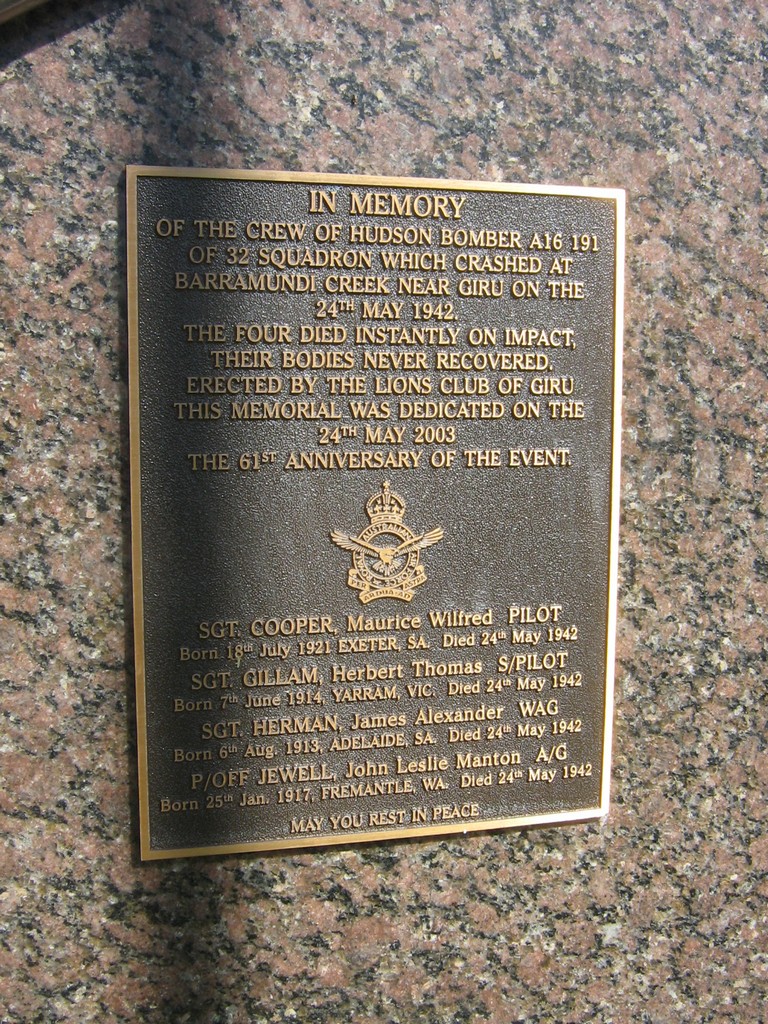 Wording Hudson Bomber Memorial Plaque