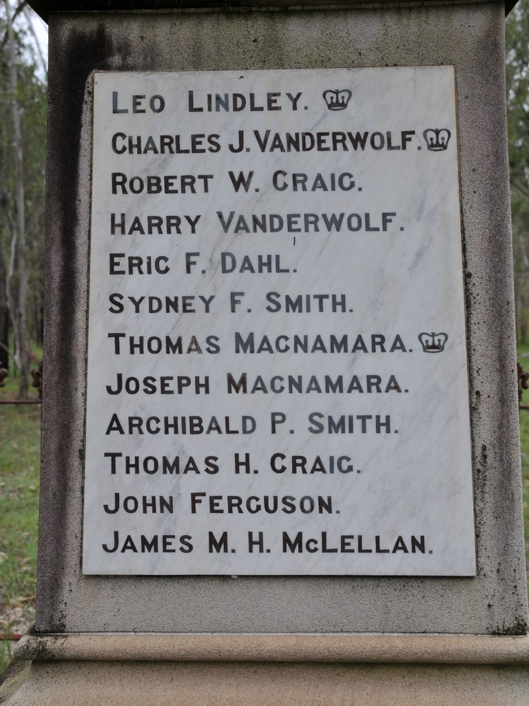 Name plaque on the front of the monument - Leo Lindley… James M.H. McLellan - 12 names.