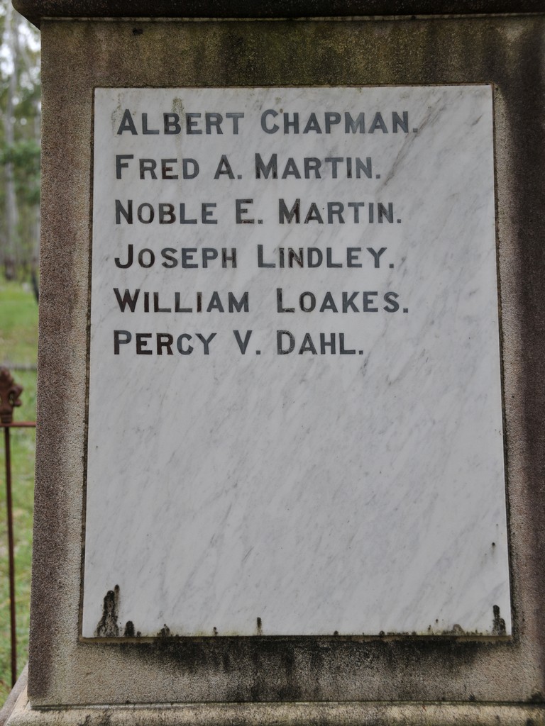 Name plaque on the left side of the monument - Albert Chapman… Percy V. Dahl - 6 names