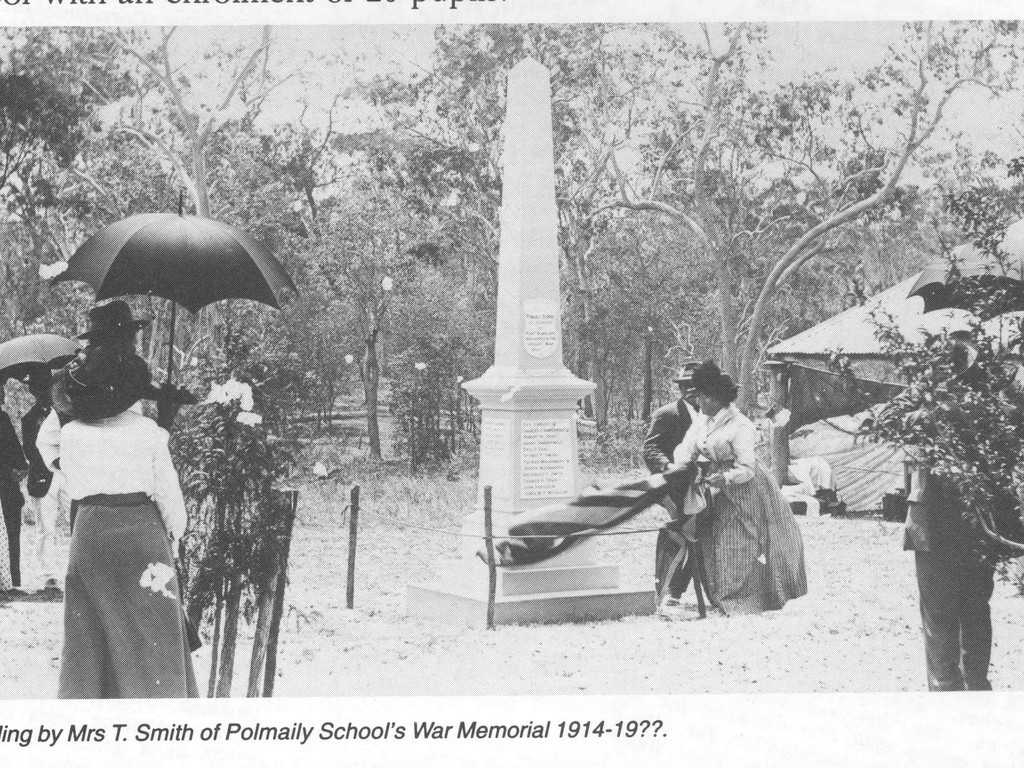 Old photo of Pomaily School War Memorial, scanned image from A Short History of Miriam Vale Shire-The Birthplace of Queensland-From the Journals of Arthur Jeffery, edited by Val Growcott and Margaret Taylor.
