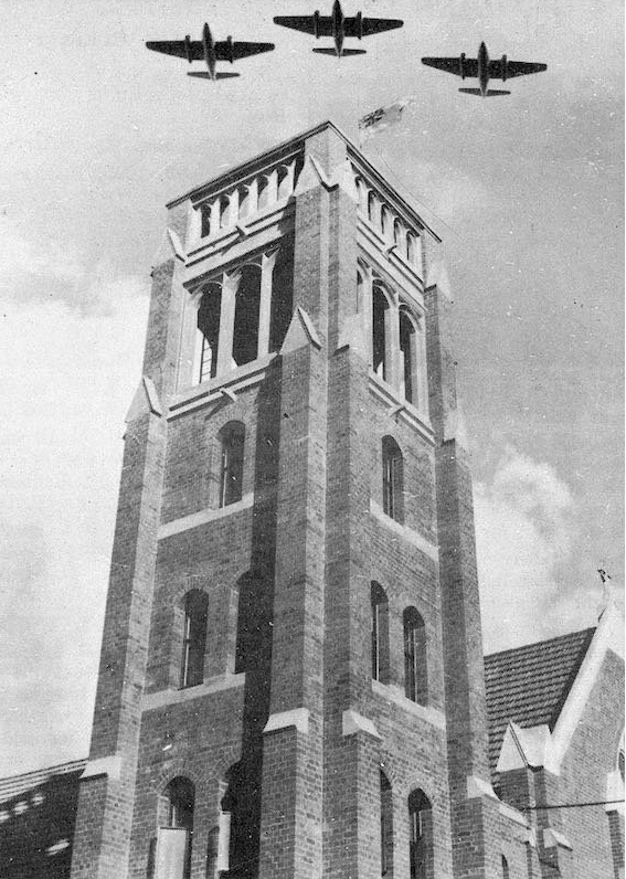 Fly over salute, 1960s. 
The tower was constructed in 1961, and dedicated to the men and women who served in WWII.