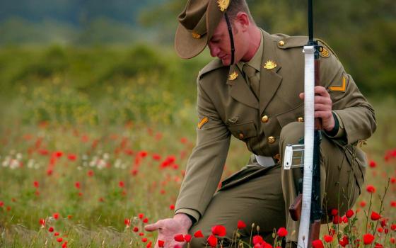 Soldier kneeling down to look at poppies in a field. 
