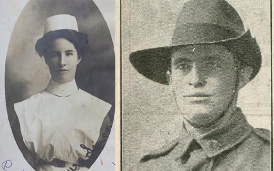 Woman in nurses uniform next to man in soldiers uniform