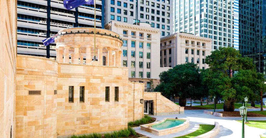 Side view of the Shrine of Remembrance. The shrine is designed in the Greek Classic Revival style, the columns are built of sandstone.