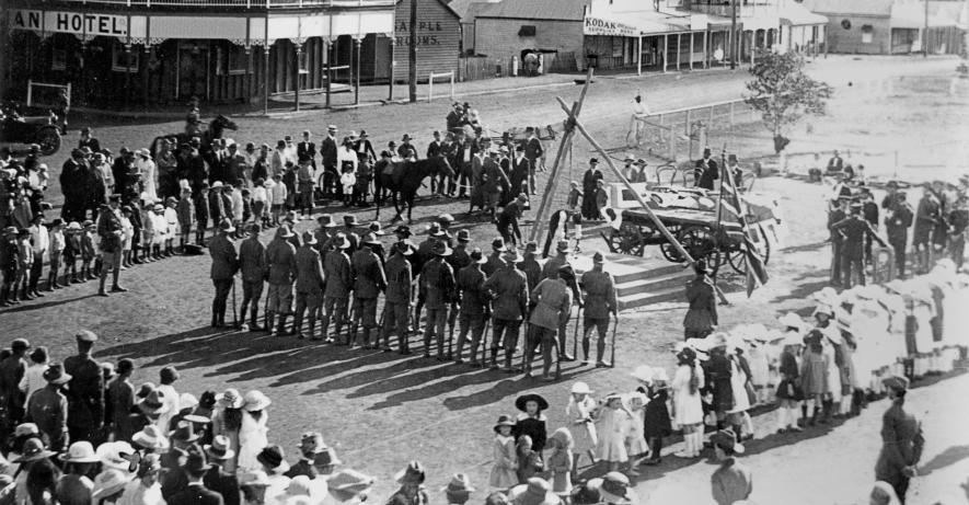 Crowds gather at the site of the War Memorial in Lamb Street, Murgon. The unveiling of the War Memorial occurred on Rememberance Day, 1921.