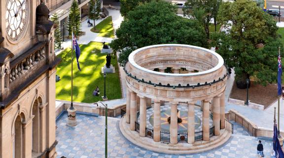 Aerial view of Anzac Square parklands with Brisbane City Hall Clock Tower in the foreground. 