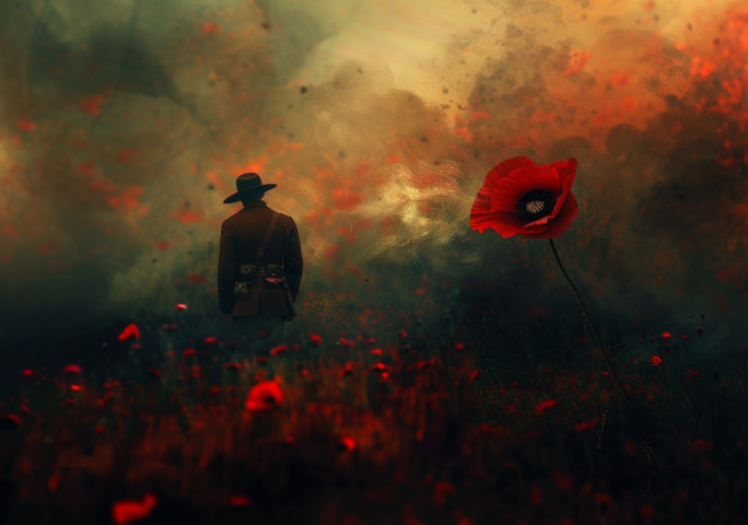 Solider in a field of poppies, generated by Midjourney V6.0